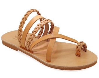 Greek Style Sandals with braided parts Quality Leather Toe Ring Flat Sandals Slide on Natural Summer Shoes for Women Boho Slider Sandals