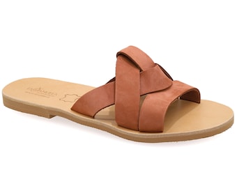 Terracotta Leather Sandals Classy Greek Sandals Open Toe Strappy Flat Sandals Slide Sandals Women Boho Dressy Summer Shoes Slider Mules