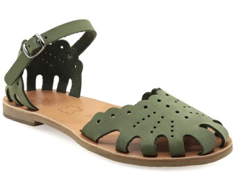 Griechische Sandalen, olivgrünes Wildleder, flache Sandalen mit geschlossener Zehenpartie und verstellbarem Knöchelriemen, Sommerschuhe für Damen, Boho-Sandalen mit Käfigdesign