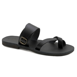 Dark Brown Leather Toe Ring Sandals for Men With Adjustable Buckle ...