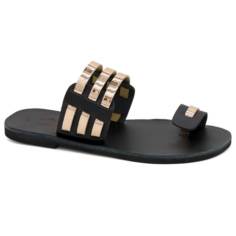 Black Rose Gold Leather Toe Ring Sandals Classy Ancient Greek Etsy