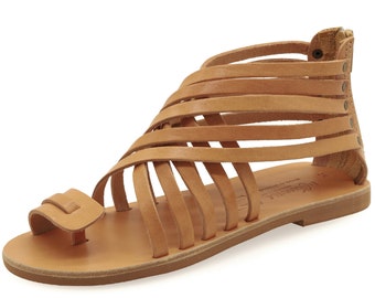 Leather Gladiator Sandals: Beige Ankle-High Strappy Summer Shoes