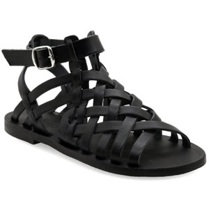 Ankle High Leather Sandal Black Ancient Greek Adjustable Buckle Flat Sandals Gladiator Strappy Sandals Summer Shoes Women Spring Clothing