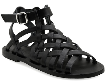 Ankle High Leather Sandal Black Ancient Greek Adjustable Buckle Flat Sandals Gladiator Strappy Sandals Summer Shoes Women Spring Clothing