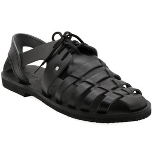 Black Leather Fisherman Sandals: Greek Lace-Up Summer Shoes