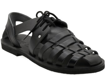 Sandales en cuir noir pêcheur pour femmes avec lacets, chaussures d'été grecques pour femmes, sandales à lacets, sandales à lanières, cadeau fait main