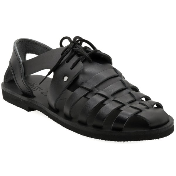 Sandales en cuir noir pêcheur pour femmes avec lacets, chaussures d'été grecques pour femmes, sandales à lacets, sandales à lanières, cadeau fait main
