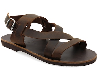 Dark Brown Leather Gladiator Sandals: Mens Greek Strappy Summer Shoes