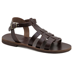 Dark Brown Leather Open Toe Sandals for Men Adjustable Buckle Strap ...
