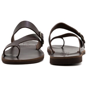 Dark Brown Leather Toe Ring Sandals for Men With Adjustable Buckle ...