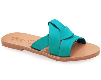 Sandalias de cuero turquesa Sandalias griegas con clase Sandalias planas con tiras abiertas Sandalias deslizantes Mujeres Boho Dressy Zapatos de verano Slider Mules