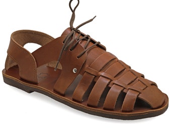 Sandalias de pescador de cuero marrón: zapatos de verano con diseño enrejado griego