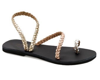 Ancient Greek Braided Leather Flat Sandals High Quality Strappy Sandals Rose Gold Toe Ring Summer Shoes Ankle Strap Slingback Dressy Sandal
