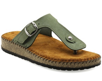 Comfortable Cushioned Insole Olive Green Suede Leather Thong Sandals Greek Style Summer Shoes for Women Split Toe Sandals with Arch Support
