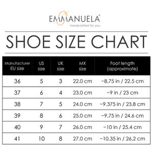 May include: Shoe size chart showing EU, US, UK, and MX sizes, plus approximate foot lengths in cm and inches. Sizes range from EU 36 to 41, with corresponding UK sizes 3 to 8. The brand name "EMMANUELA" is at the top.