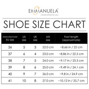 May include: Shoe size chart with EU, US, UK, and MX sizes, along with approximate foot lengths in inches and centimeters. The chart includes sizes from EU 36 (US 5) to EU 41 (US 10), with corresponding foot lengths ranging from ~8.66 inches to ~10.12 inches.