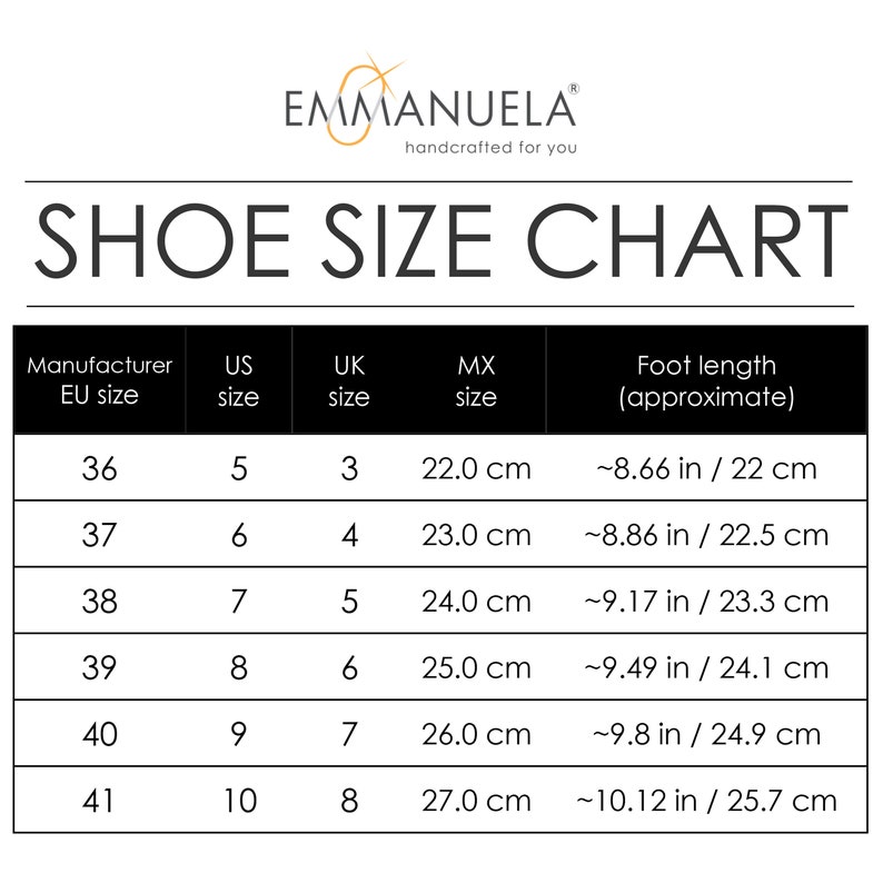 May include: Shoe size chart with EU, US, UK, and MX sizes, along with approximate foot lengths in inches and centimeters. The chart includes sizes from EU 36 (US 5) to EU 41 (US 10), with corresponding foot lengths ranging from ~8.66 inches to ~10.12 inches.
