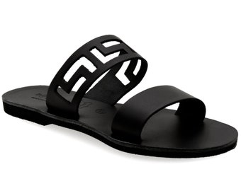 Greek Black Leather Sandals with Meanders Classy Ancient Greece Sandals Strappy Flat Slide Sandals Women Dressy Mules Summer Shoes ethnic