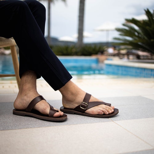 Dark Brown Leather Toe Ring Sandals for Men With Adjustable - Etsy