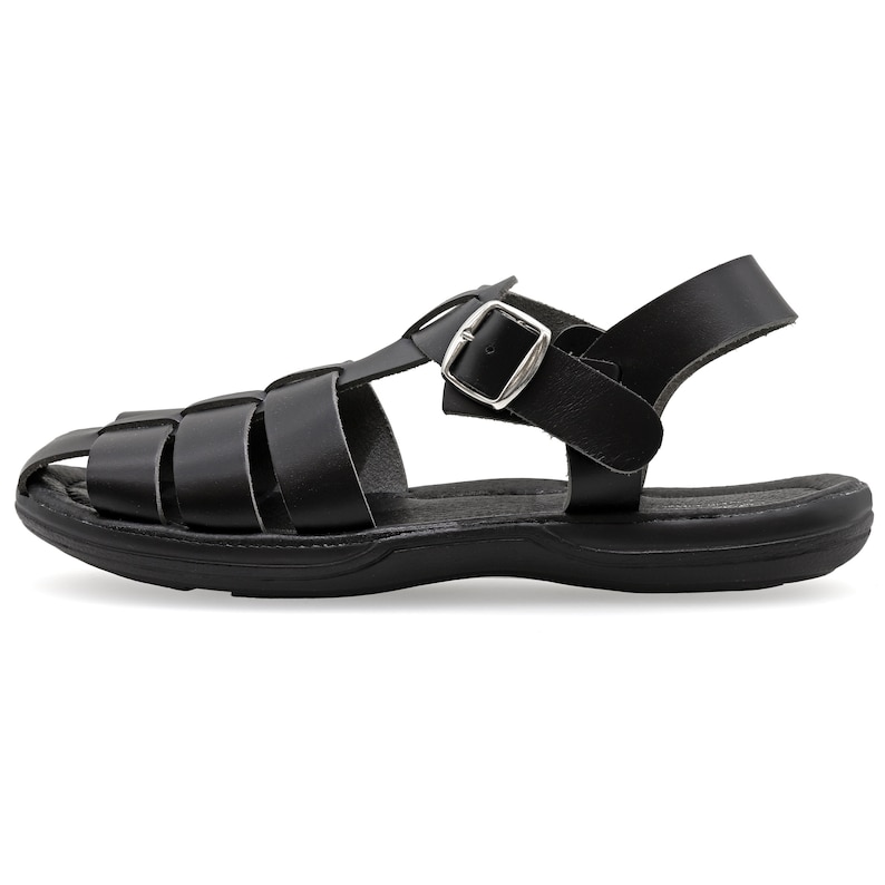 Op de afbeelding: Zwarte leren sandalen met een gespsluiting en een geweven band ontwerp.