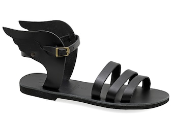 Ancient Greek Black Sandals with Wings made of Real Leather - adjustable buckle strap Summer Shoes for Women Boho Strappy Sandal