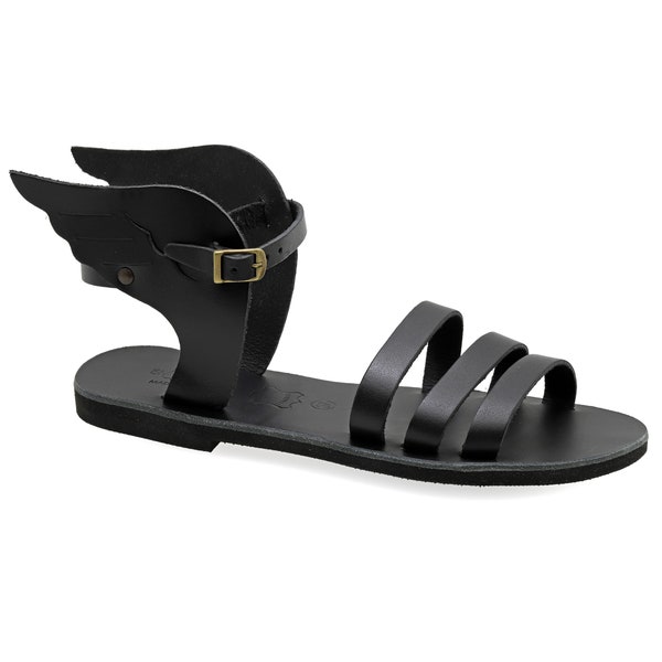 Ancient Greek Black Sandals with Wings made of Real Leather - adjustable buckle strap Summer Shoes for Women Boho Strappy Sandal