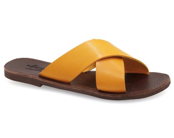 Sandalias de cuero con tiras cruzadas color mostaza amarillo, elegantes sandalias griegas, sandalias planas con tiras para mujer, zapatos elegantes de verano, mules tipo sandalia.