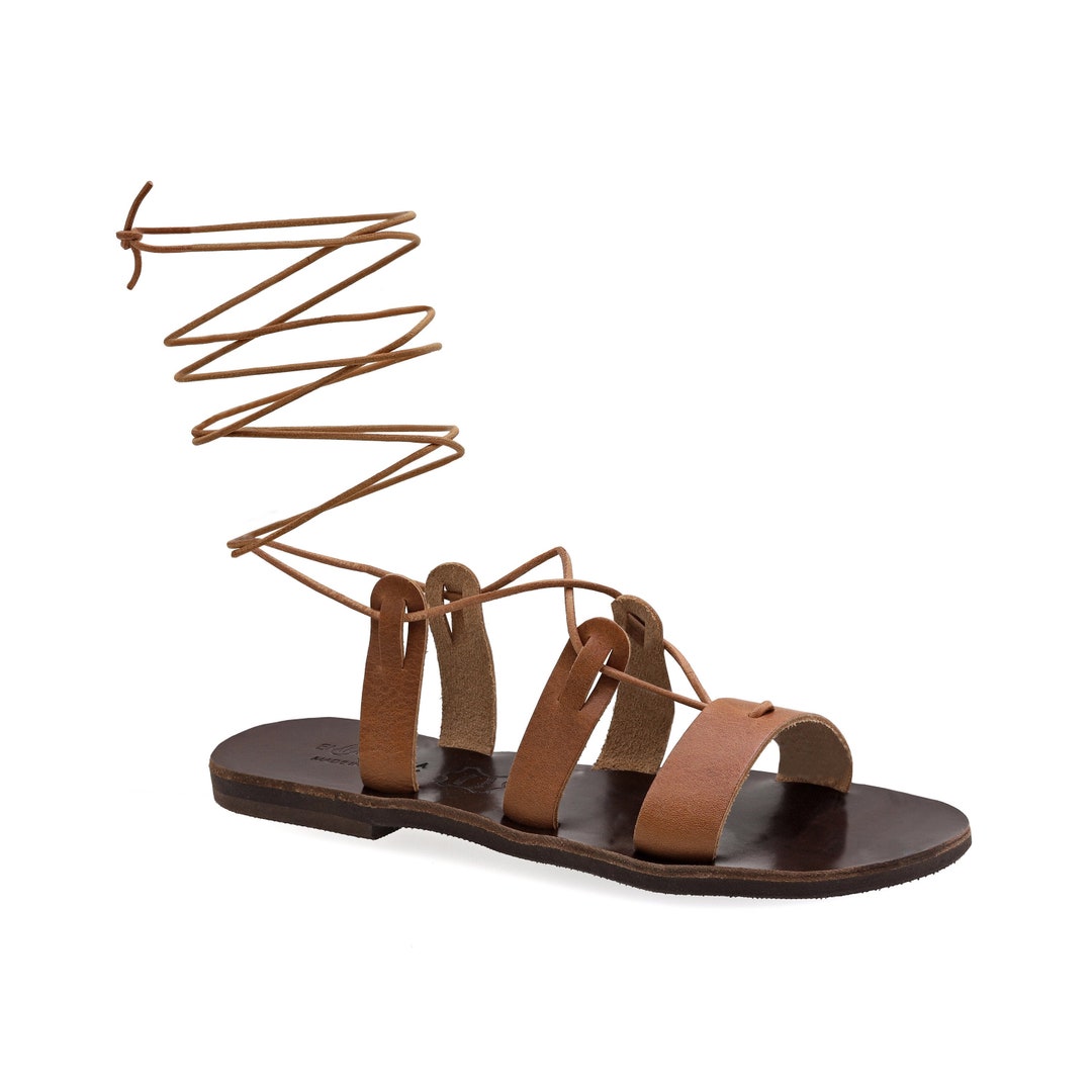 Ancient Greek Style Calf High Leather Sandals Gladiator Tie up Sandals ...
