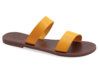 Yellow Mustard Leather Greek Sandals Classy Slide on Summer Shoes for Women Open Toe Sliders Flat Strappy Sandals Boho Chic Mules