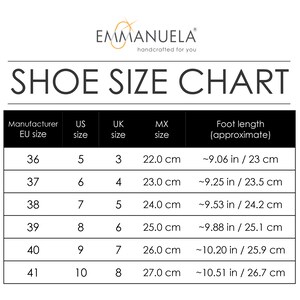 May include: Shoe size chart showing European, US, UK, and Mexican shoe sizes with corresponding foot length in inches and centimeters.