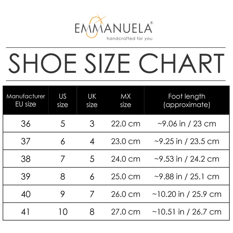 May include: Shoe size chart showing European, US, UK, and Mexican shoe sizes with corresponding foot length in inches and centimeters.