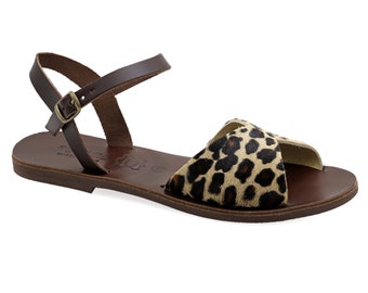 Sandali eleganti piatti in pelle greca con cinturino con fibbia regolabile Scarpe estive con polsino alla caviglia leopardato di alta qualità Muli con stampa animalier marrone Boho