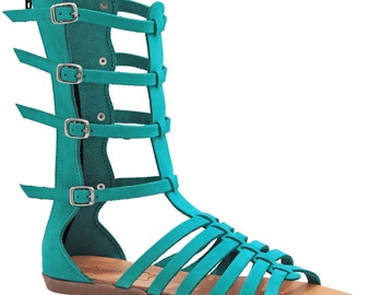 Leather Gladiator Sandals: Calf High Strappy Roman Boots
