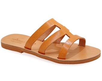 Sandali greci in pelle con cinturini: ciabatte estive boho a punta aperta