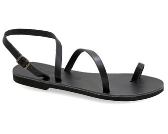 Ancient Greek Leather Sandals: Black Strappy Toe Ring Slingbacks