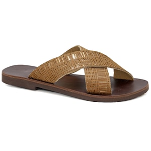 Unusual Cross Straps Leather Sandals Classy Greek Sandals X Strappy Flat Slide Sandals for Women Boho Dressy Summer Shoes Slider Mules