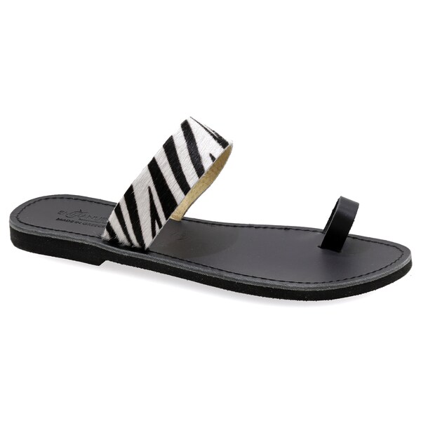 Pony Skin Zebra Leather Toe Ring Sandals Dressy Slides Summer Shoes Women Open Toe Sliders Flat Strappy Sandals Animal Print Sandals