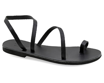 Greek Leather Gladiator Sandals: Black Toe Ring Slingback Sandals