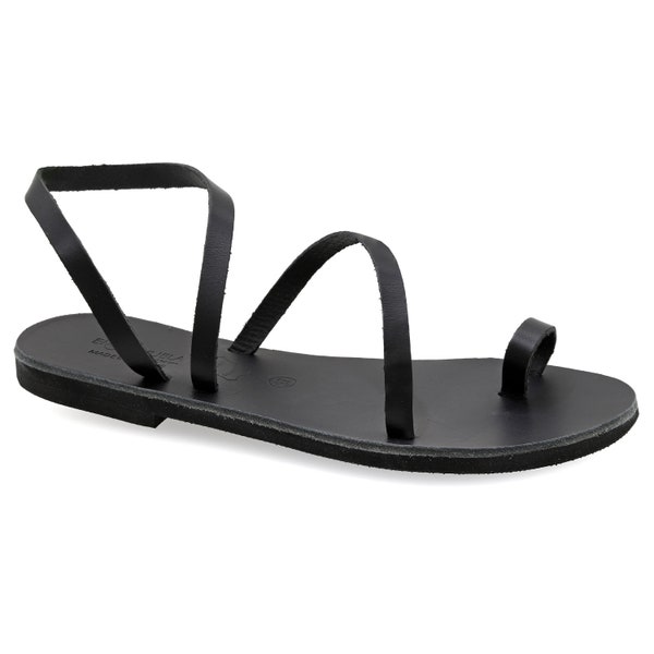 Greek Leather Black Flat Sandals High Quality Gladiator Sandals Toe Ring Summer Shoes Slingback Sandals for Women Boho chic Tribal Ethnic