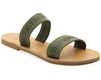Greek Olive Suede Leather Sandals: Meander Strappy Slides