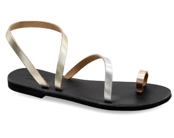 Greek Leather Strappy Sandals: Silver, Gold & Rose Gold Toe Ring Flats