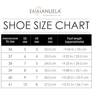 May include: Shoe size chart showing European, US, UK, and Mexican shoe sizes with corresponding foot length in inches and centimeters.