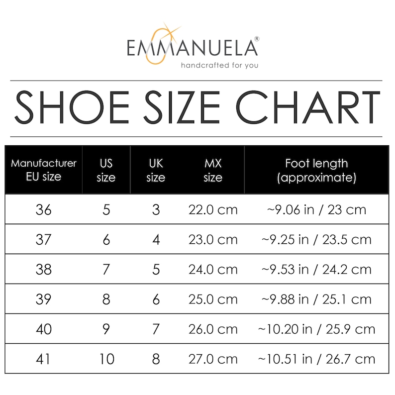 May include: Shoe size chart showing European, US, UK, and Mexican shoe sizes with corresponding foot length in inches and centimeters.