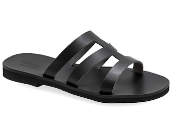 Sandalias de cuero griegas, sandalias negras de verano con tiras y puntera abierta.
