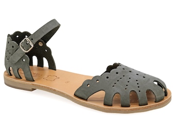 Greek Style Sandals Gray Leather Closed Toe Flat Sandals with Adjustable Ankle Strap Summer Shoes for Women Boho Caged Sandal handmade gift