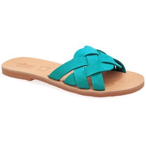 Turquoise Leather Sandals Classy Greek Sandals Open Toe Strappy Flat Sandals Slide Sandals Women Boho Dressy Summer Shoes Slider Mules