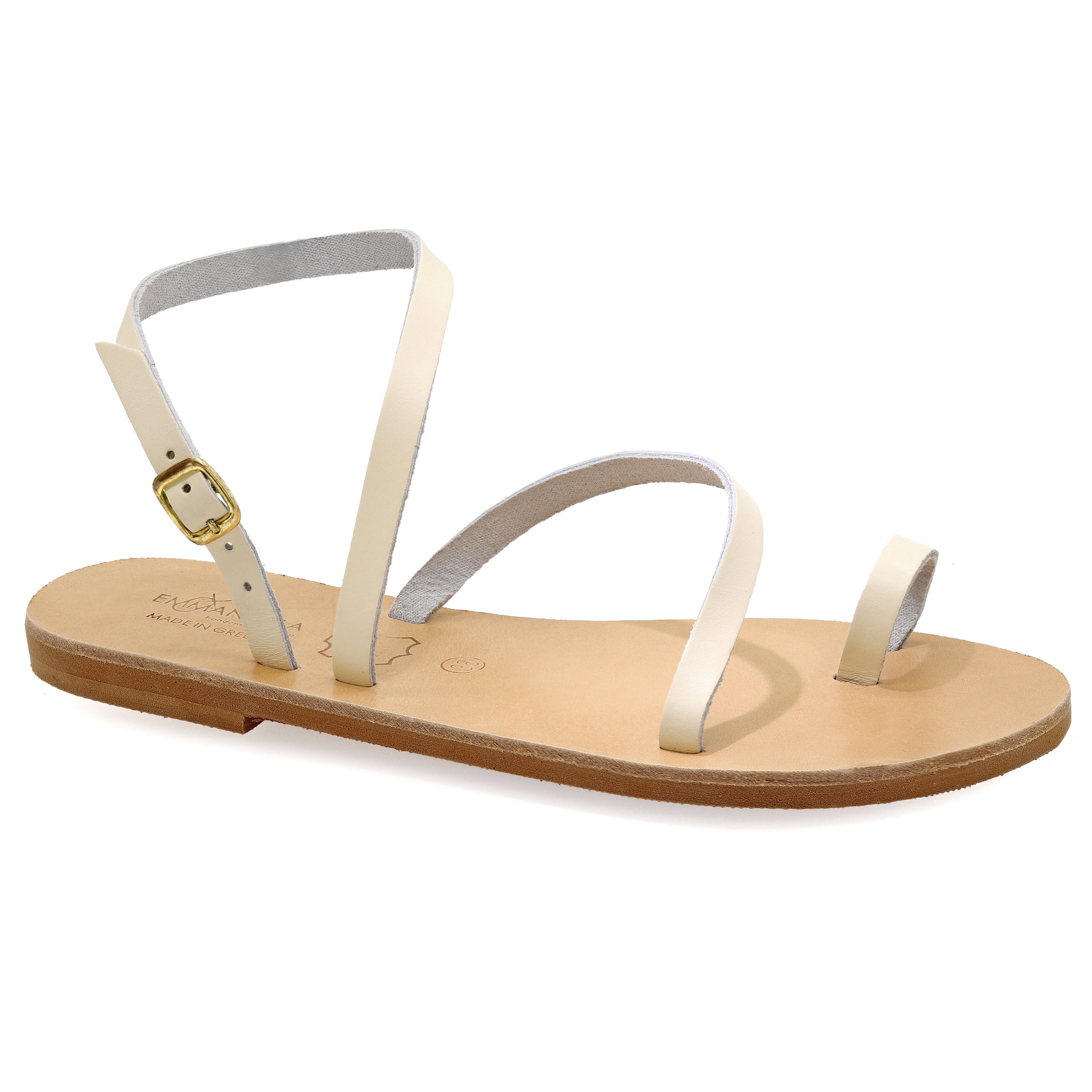 Ancient Greek White Leather Flat Sandals With Adjustable