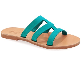 Turquoise Leather Greek Sandals, Strappy Open Toe Summer Flats