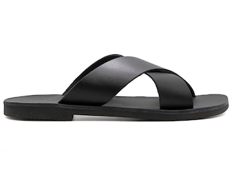 Correas cruzadas Sandalias de cuero negro para hombres Sandalias griegas X Strappy Slide Zapatos de verano con punta abierta para hombres Chanclas Sliders regalo para él