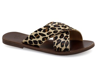 Leopard Print Leather Cross Strap Sandals: Handmade Greek Slides